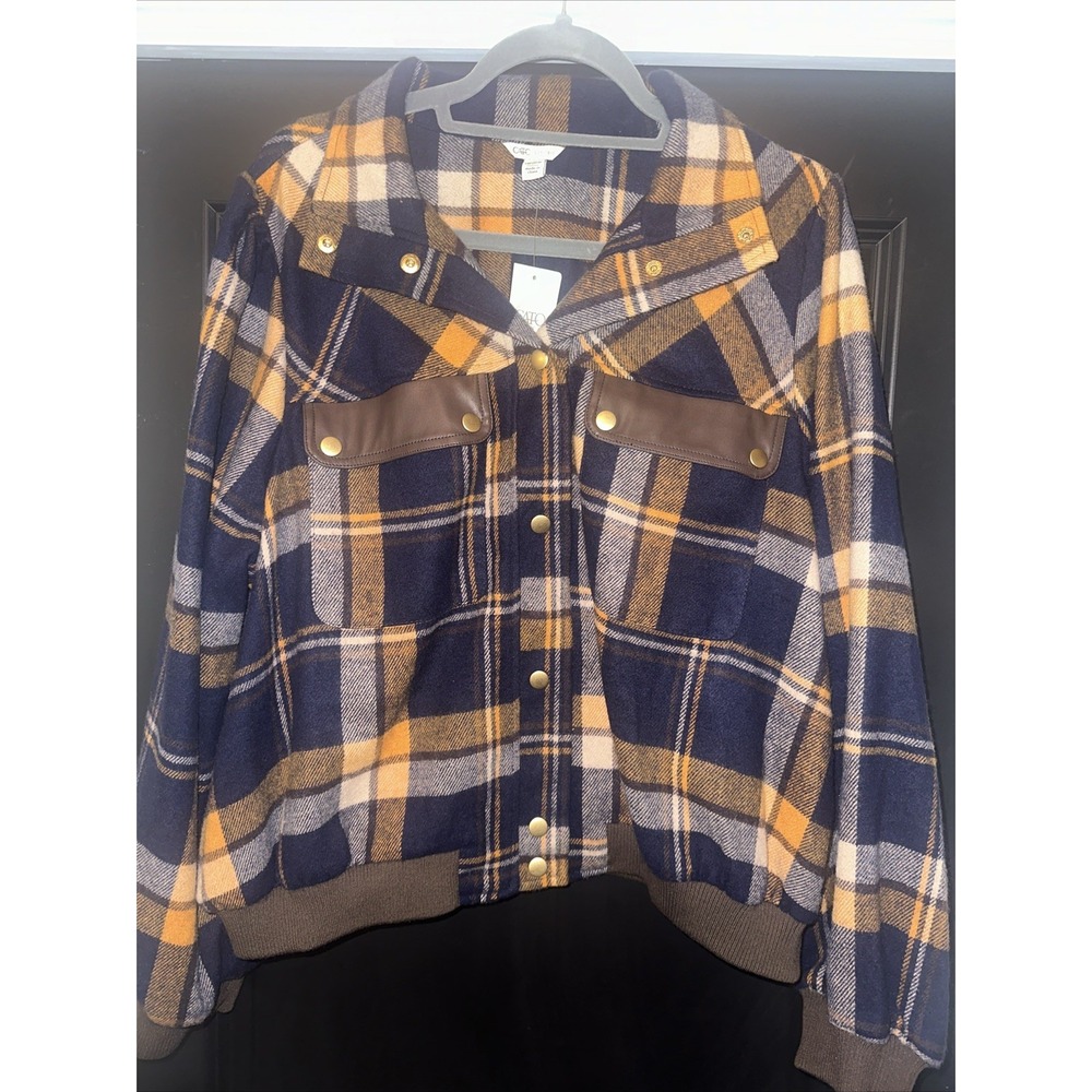 Cato Plus Sz 18/20W Yellow/Brown/Blue Plaid Flannel Jacket W/Pockets NWT‎